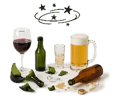 zerbrochene Flaschen und Sterne mit Schwindel Das Bild zeigt Alkohol in vielen Formen. Einige Flaschen sind zerbrochen andere gefüllt.