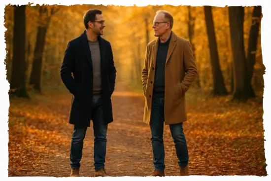 Zwei Männer gehen gemeinsam einen Waldweg entlang. Sie unterhalten sich und wirken freundlich und entspannt. Der Mann links trägt eine Brille, ein olivgrünes Hemd über einem beigen T-Shirt und ein Namensschild mit dem EX-IN-Logo. Der Mann rechts trägt ein dunkelgraues T-Shirt. Sie sind von grünen Bäumen umgeben und das Sonnenlicht scheint durch das Blätterdach.