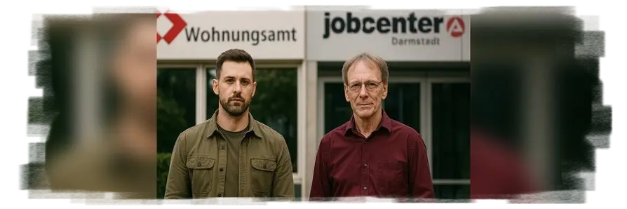 Das Foto zeigt zwei Männer, die nebeneinander vor den Gebäudeschildern ‚Wohnungsamt‘ und ‚jobcenter‘ stehen. Rechts trägt Robert Jacobs ein bordeauxrotes Hemd und blickt freundlich in die Kamera. Die Szene verweist auf Begleitung bei Bewerbungen, Gesprächen und Behördengängen