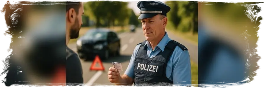Ein Polizist in blauer Uniform hält den Führerschein eines Fahrers in der Hand. Im Hintergrund stehen ein beschädigtes Auto und ein aufgestelltes Warndreieck auf einer Landstraße. Die Szene verweist auf Themen wie MPU, Führerscheinentzug und Wiedererteilung.