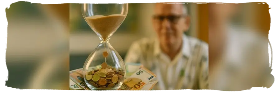 Im Vordergrund steht eine gläserne Sanduhr, deren oberes Gefäß fast leer ist. Euro-Münzen und -Scheine liegen darunter; einzelne Münzen rieseln noch durch die Engstelle. Etwa 85 % der Zeit ist verstrichen. Im weich verschwommenen Hintergrund ist Robert Jacobs in heller Kleidung zu erkennen. Das Motiv verweist auf Zeitdruck, Budgetplanung und Wege aus der Schuldenfalle