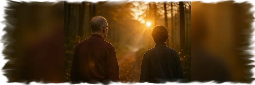 Zwei Personen sind von hinten auf einem Waldweg zu sehen. Links geht Robert Jacobs im bordeauxfarbenen Hemd, rechts eine Begleitperson in dunkler Jacke. Die tief stehende Sonne strahlt durch die Bäume und taucht die Szene in warmes Gold. Das Bild vermittelt Ruhe, Achtsamkeit und spirituelle Verbundenheit.